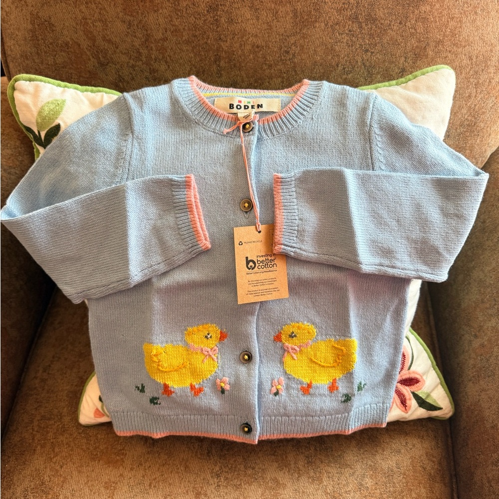 Mini Boden Girls Easter Vintage Blue Chicks Cardigan 3-4Y